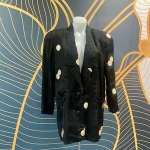 Simon Chang Black Satin Boyfriend Blazer with Gold Polka Dots